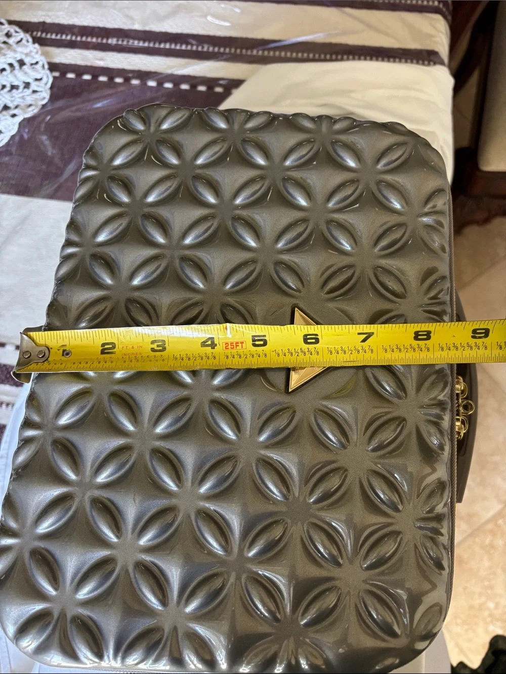 Metallic Gray Quilted Cosmetic Case with Gold Accents